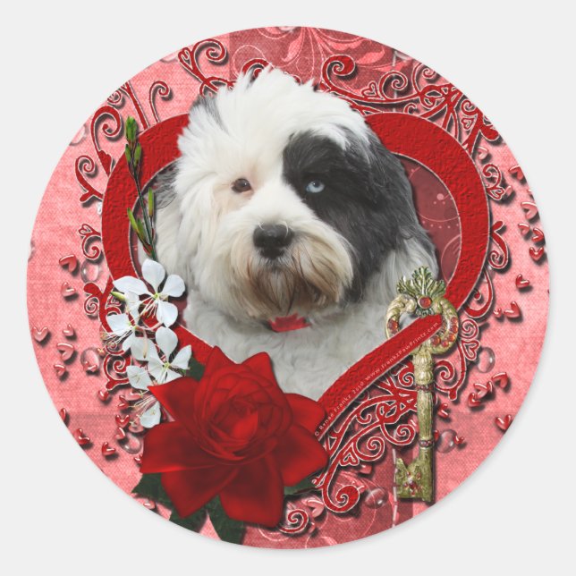 Sticker Rond Valentines - Clé de mon coeur - Terrier tibétain (Devant)