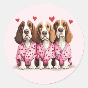Sticker Rond Valentines Day Basset Hound Dogs