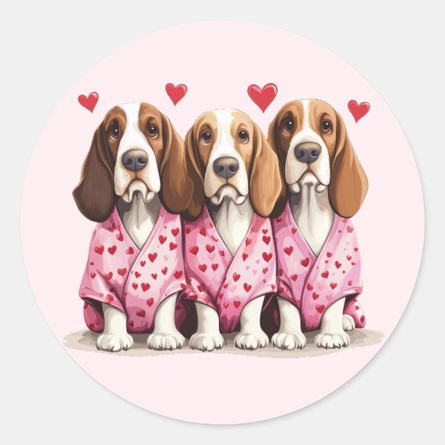 Sticker Rond Valentines Day Basset Hound Dogs (Devant)