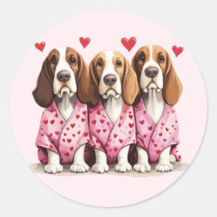 Sticker Rond Valentines Day Basset Hound Dogs