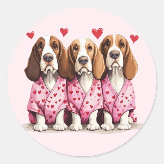 Sticker Rond Valentines Day Basset Hound Dogs (Devant)