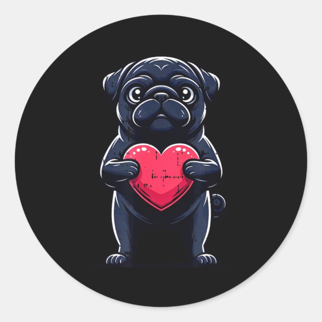 Sticker Rond Valentines Day Black Pug Heart Funny Dog Mom Dad F (Devant)