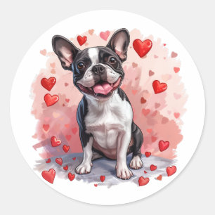 Sticker Rond Valentines Day Boston Terrier Dog