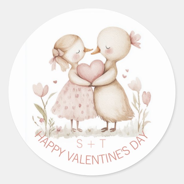 Sticker Rond Valentine's Day Canard Couple Initiales sur mesure (Devant)