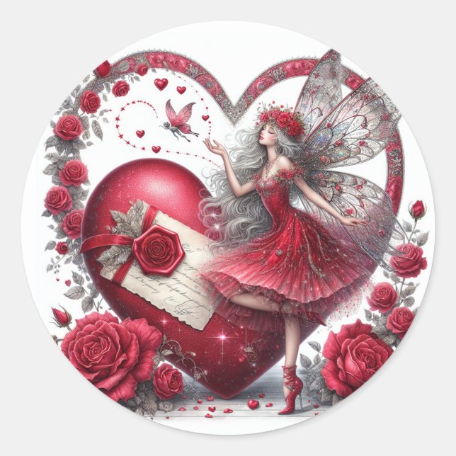 Sticker Rond Valentine's Day Fairy Heart Red White (Devant)