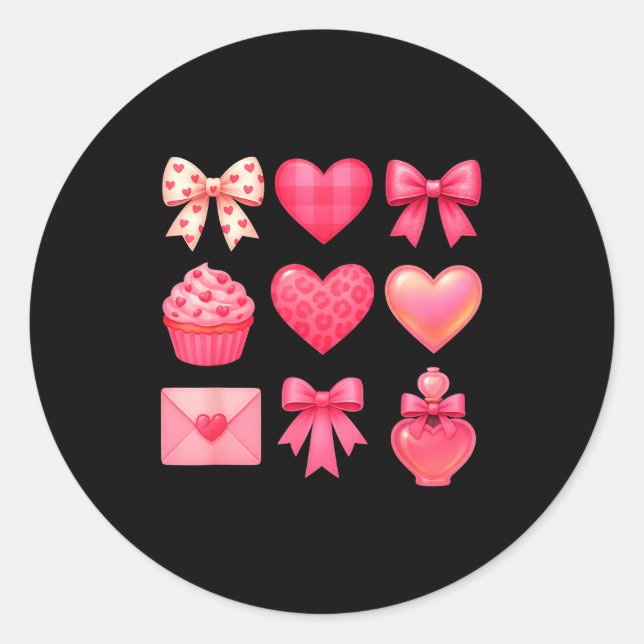 Sticker Rond Valentines Day Hearts Leopard Coquette Bow Party W (Devant)