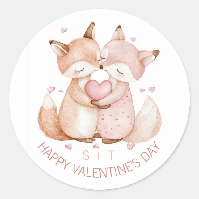Sticker Rond Valentine's Day mignonne Fox Couple Initiales pers (Devant)
