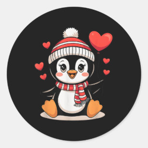 Sticker Rond Valentines Day Penguin Heart Balloon mignonne