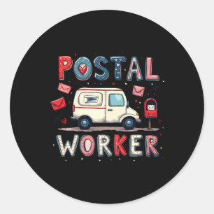 Sticker Rond Valentine's Day Postal Worker Mail Truck Valentine