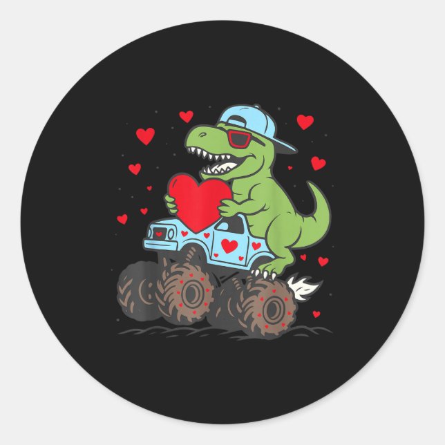 Sticker Rond Valentines Day T Rex Riding Monster Truck Funny To (Devant)