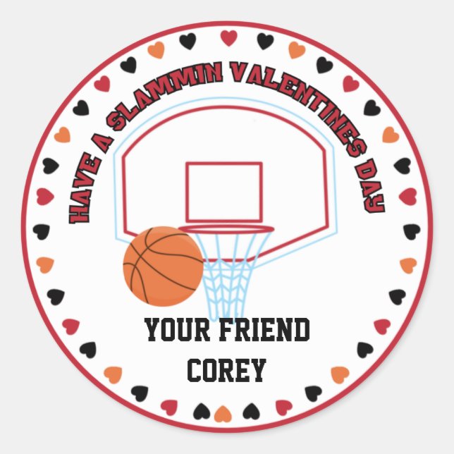 Sticker Rond Valentines de basket-ball Classe Nom personnalisé (Devant)