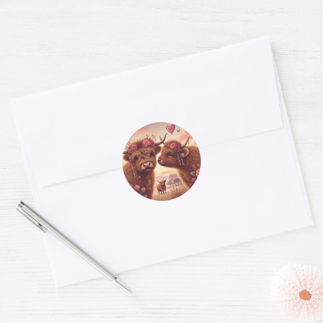Sticker Rond Valentines de vache des Highlands (Enveloppe)