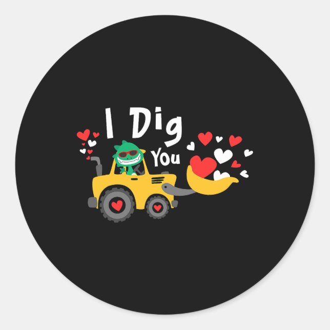 Sticker Rond Valentines Jour Excavateur Dinosaur Dino Je T'Ai C (Devant)