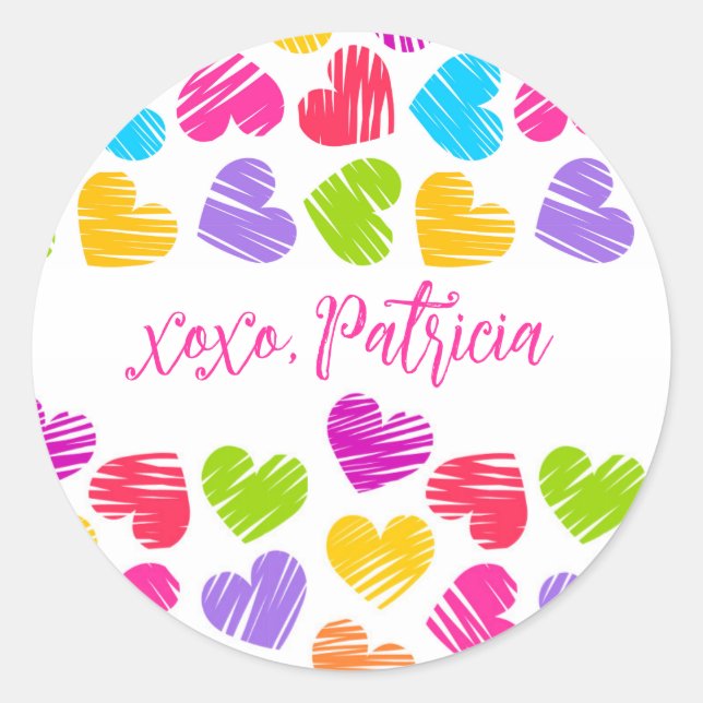 Sticker Rond Valentines Jour Moderne Coeurs Vibrants Nom XOXO (Devant)
