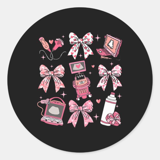 Sticker Rond Valentines Jour Sonographe Infirmière Coquette Bow (Devant)