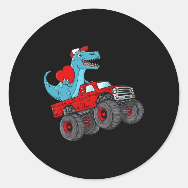 Sticker Rond Valentines Jour T Rex équitation Monster Truck Tod (Devant)