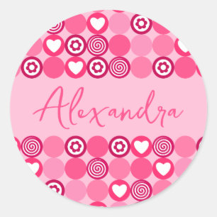 Sticker Rond Valentines Nom du Motif de Coeur et Fleur Rose mig