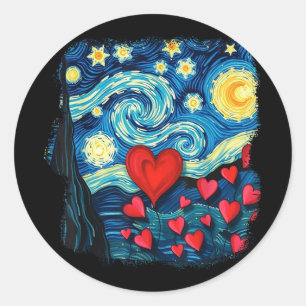 Sticker Rond Valentines Starry Nuit Van Gogh Love Coeurs Flowe