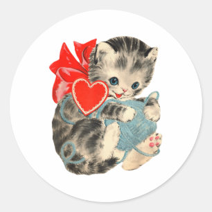 Sticker Rond Valentines vintages Jour Kitty Chat Fils Cute Retr