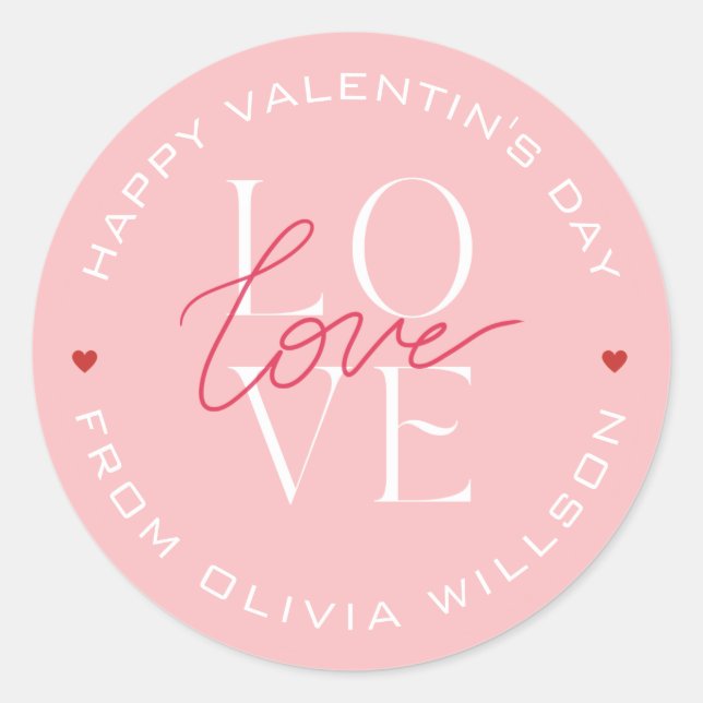 Sticker Rond Valentins Day Love Typographie rose blanc (Devant)