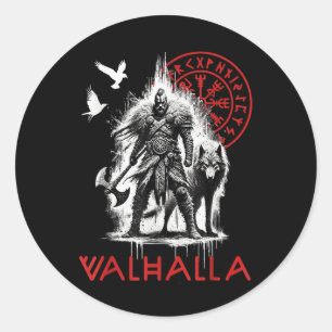 Sticker Rond Valhalla Odin Loup Et Corbeau Runes Viking Norvégi