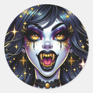 Sticker Rond Vampire avec Gold Fangs Pleine lune Halloween Part