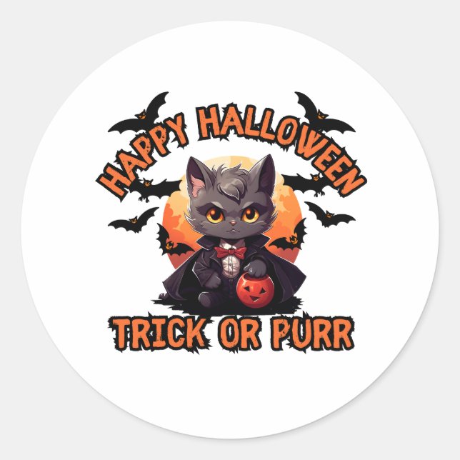 Sticker Rond Vampire Chat Halloween Citrouille Chat Éffrayant F (Devant)
