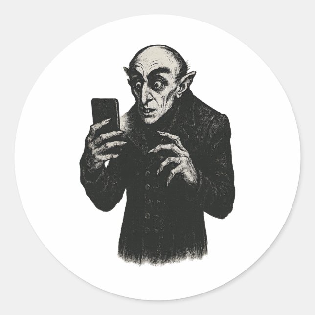Sticker Rond Vampire Smartphone Nosferatu Selfie Count Orlok Ha (Devant)