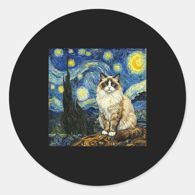 Sticker Rond Van Gogh Art Starry Night - Funny Ragdoll Cat Arti (Devant)