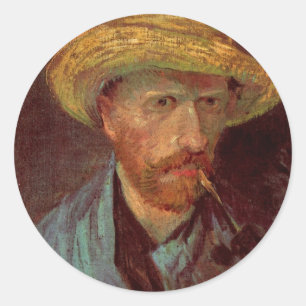 Sticker Rond Van Gogh Autoportrait avec Casquette paille et tuy