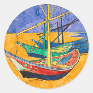 Sticker Rond Van Gogh Bateaux Plage impressionniste