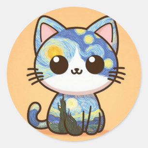 Sticker Rond Van Gogh Cat Caricature Starry Night