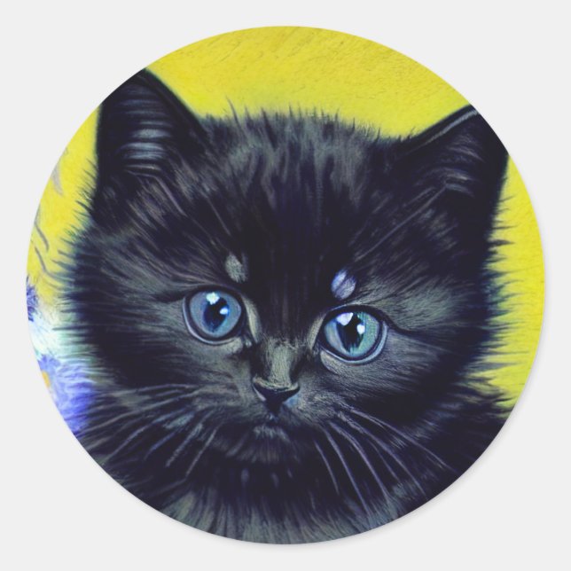 Sticker Rond Van Gogh Chat noir Fleurs violettes (Devant)