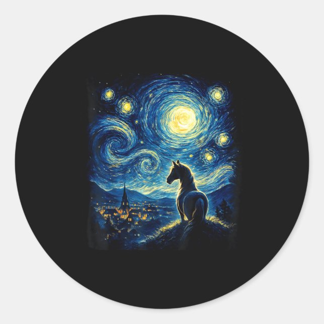 Sticker Rond Van Gogh Cowgirl Horse Starry Funny Night Horses L (Devant)