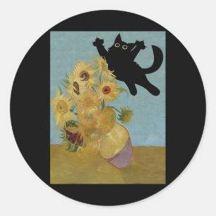 Sticker Rond Van Gogh Fleurs Chat Tournesols
