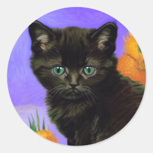 Sticker Rond Van Gogh Kitten noir avec des tournesols