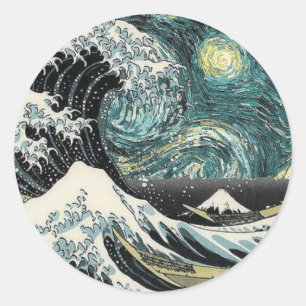 Sticker Rond Van Gogh La Nuit étoilée - Hokusai La Grande Vague
