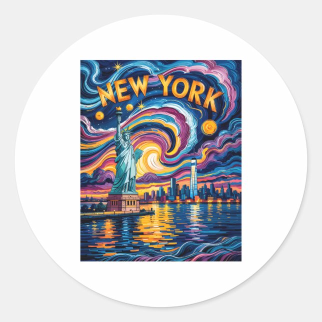 Sticker Rond Van Gogh Starry Night Art New York Liberty Skyline (Devant)