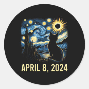 Sticker Rond Van Gogh Starry Nuit Chat Total Solaire Eclipse Ap