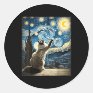 Sticker Rond Van Gogh Starry Style Nuit Art Ragdoll Chat
