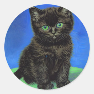 Sticker Rond Van Gogh Style Kitten noir