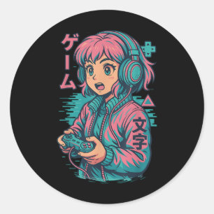 Sticker Rond Vaporwave Gamer Girl Japonaise Art Anime Manga gra