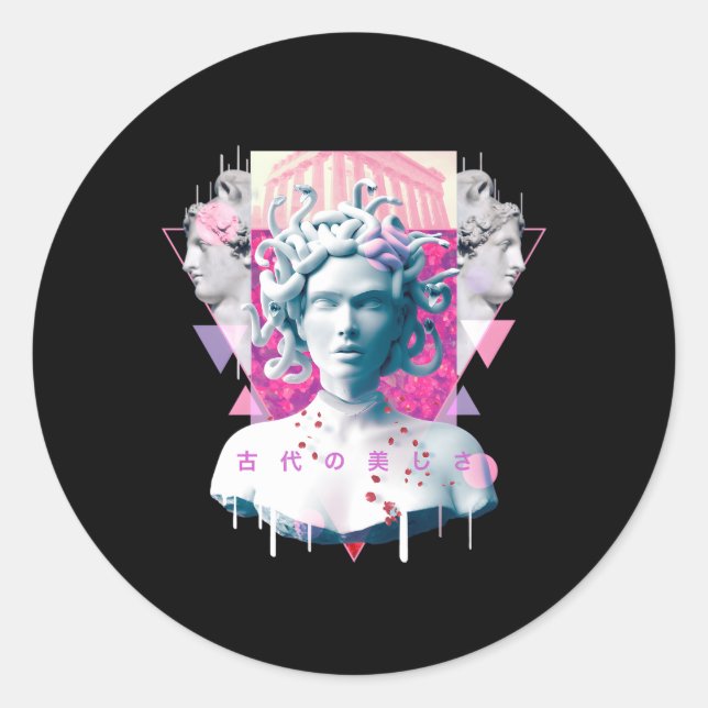 Sticker Rond Vaporwave Medusa Statue Esthétique Japonais Otaku (Devant)