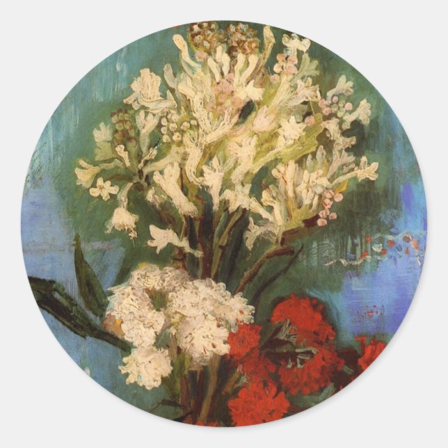 Sticker Rond Vase avec des Œillets de Vincent van Gogh (Devant)