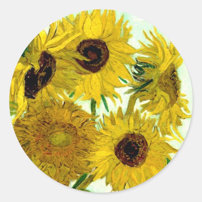 Sticker Rond Vase avec douze tournesols, Van Gogh Art (Devant)