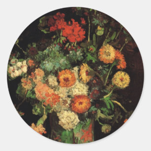 Sticker Rond Vase avec Zinnias et Geraniums, Vincent van Gogh