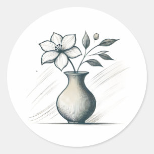Sticker Rond Vase Floral Minimaliste Dessin Élégant Fleur Esqui