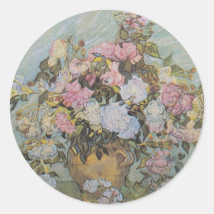 Sticker Rond Vase Van Gogh vintage avec roses roses roses