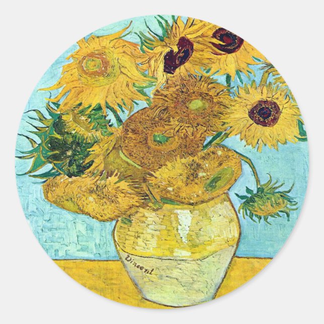 Sticker Rond Vase With Twelve Sunflowers By Vincent Van Gogh (Devant)