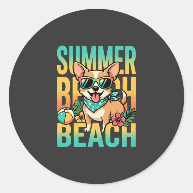 Sticker Rond Vecteur de vacances de chien de plage d'été (Devant)